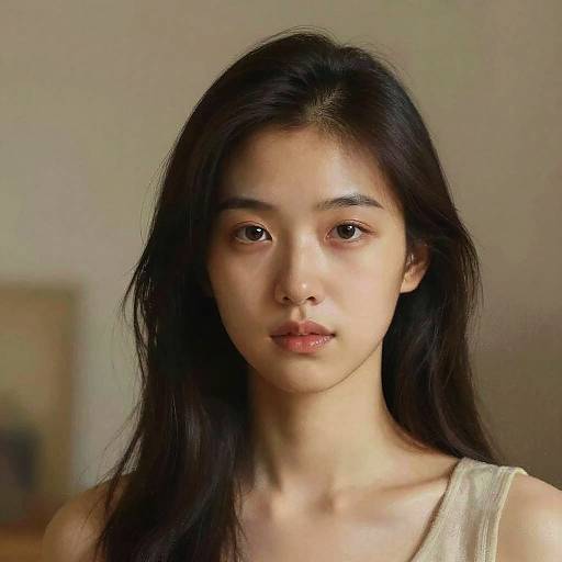 Photograph of a young Asian woman with long black hair, light skin, and brown eyes, wearing a white tank top, looking directly at the camera