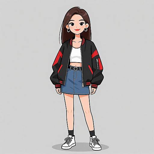 Digital anime-style drawing of a young woman with long brown hair, wearing a black jacket with red stripes, white crop top, blue skirt, black socks