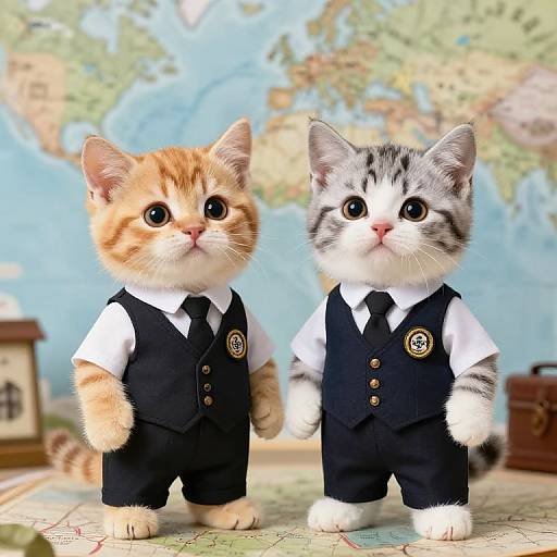 Photograph of two adorable, dressed-up kittens with orange and gray fur, wearing black vests and white shirts, standing on a map with a world background