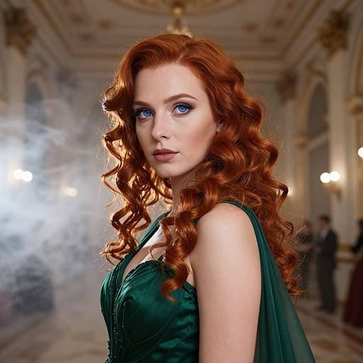 Photograph of a beautiful red-haired woman with blue eyes, wearing a green, sleeveless dress, standing in a grand, smoke-filled hall.