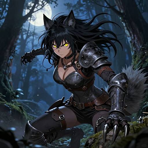Digital artwork of a fierce, yellow-eyed, black-haired, wolf-eared warrior woman in dark armor crouching in a moonlit, dense forest