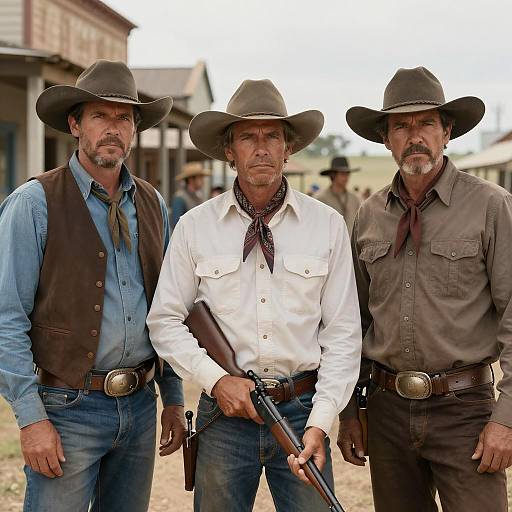 Three Cowboys in a Western Town Scene