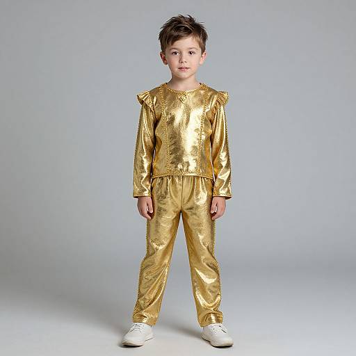 Photograph of a young boy with short brown hair, wearing a shiny gold long-sleeve shirt and pants, white sneakers, standing against a plain