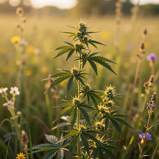 Wild Cannabis Plant in Sunlit Meadow