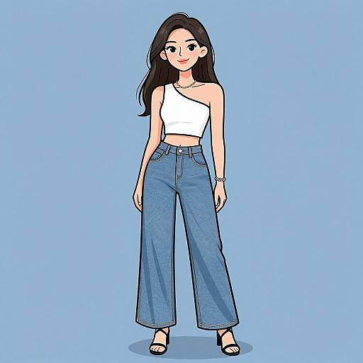 Cartoon-style drawing of a smiling young woman with long black hair, wearing a white one-shoulder top, blue high-waisted jeans,