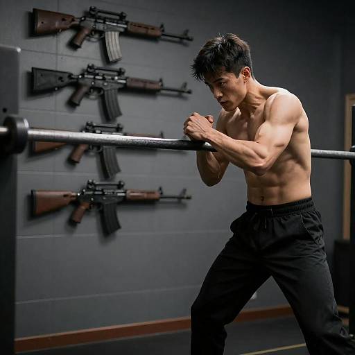 Intense Muscular Man in Industrial Setting