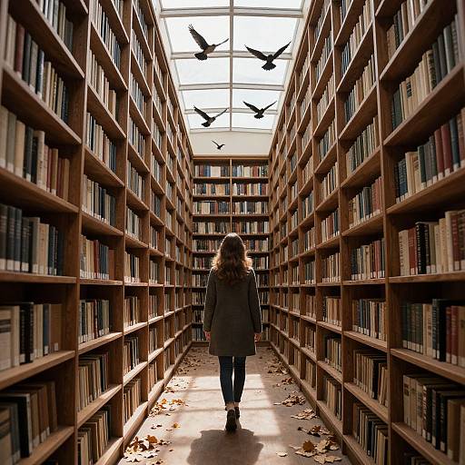 Photograph of a woman with curly hair, back facing, walking down a sunlit library aisle with tall wooden bookshelves and falling leaves, three