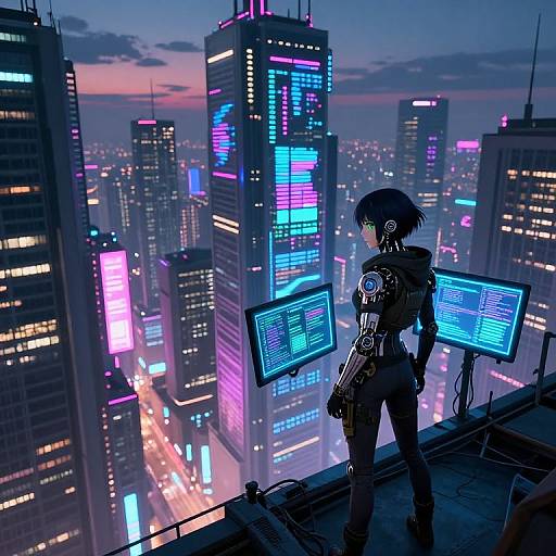 Cyberpunk cityscape at dusk, digital screens on arms, futuristic black-clad figure with short hair, towering neon-lit skyscrapers,