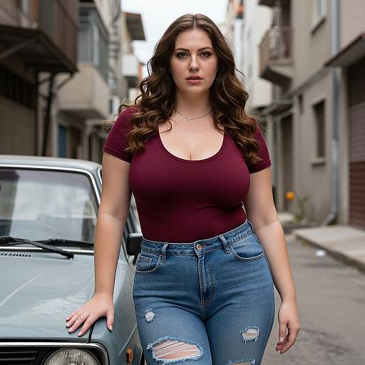 Photograph of a curvy woman with long brown hair, wearing a maroon top and ripped blue jeans, standing confidently in an urban alley beside a