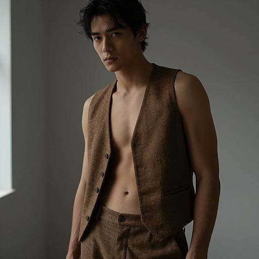 Photograph of a young Asian man with messy black hair, wearing an open brown plaid vest revealing a bare chest, and matching trousers, standing in