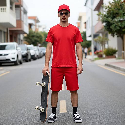Photograph of a young man in a red outfit, cap, and sunglasses, holding a skateboard, standing on a suburban street.