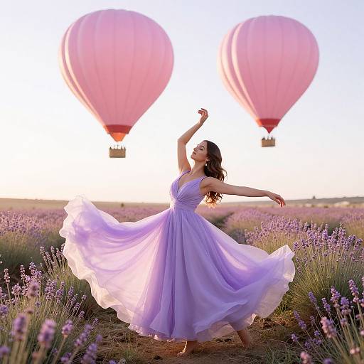 Photograph of a woman in a flowing lavender dress dancing in a lavender field, with two pink hot air balloons rising in the background at sunset.
