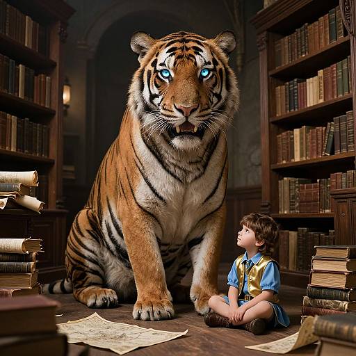 Photorealistic digital art of a giant tiger with glowing blue eyes looming over a young boy in a library, surrounded by books and papers. The boy
