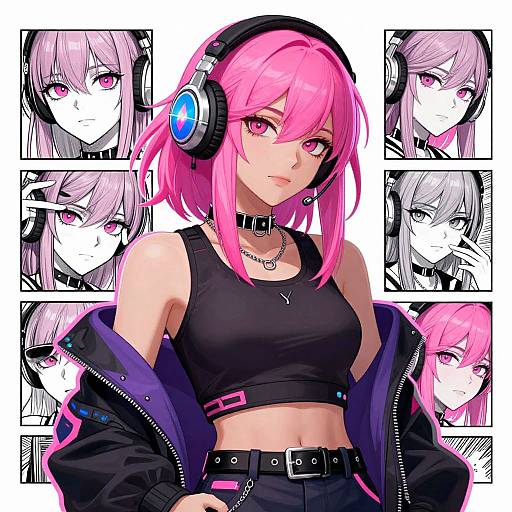 Digital anime-style artwork of a pink-haired girl with purple eyes, wearing a black crop top, headphones, and unzipped jacket, surrounded by six