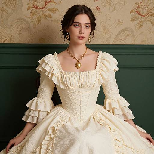 Photorealistic image of a young woman with fair skin and dark hair, wearing a cream-colored, ruffled, Victorian-style dress with gold necklace,