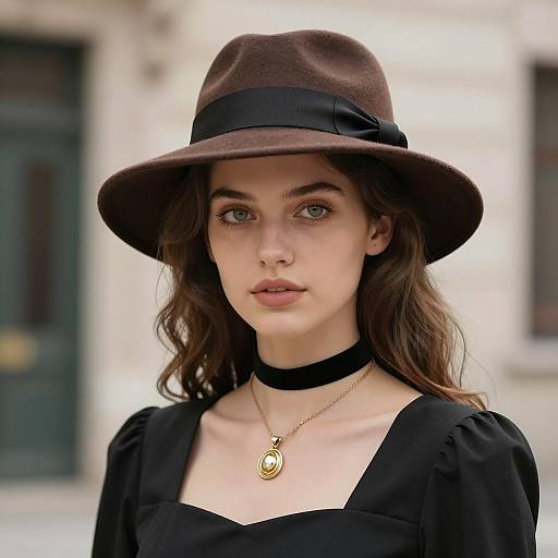 Young Woman in Brown Hat and Black Dress
