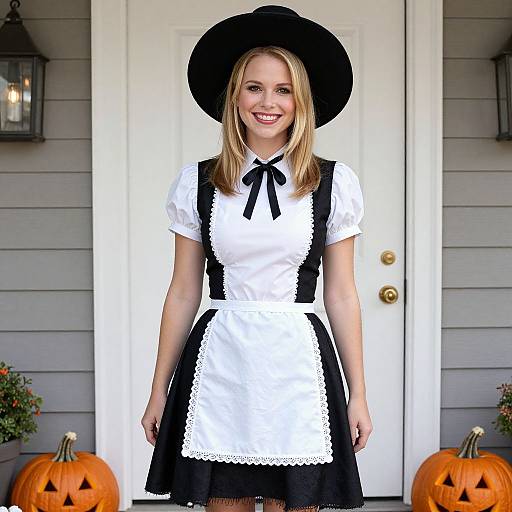 Photograph of a smiling blonde woman in a black witch hat and black-and-white maid outfit, standing in front of a white door with carved pumpkins