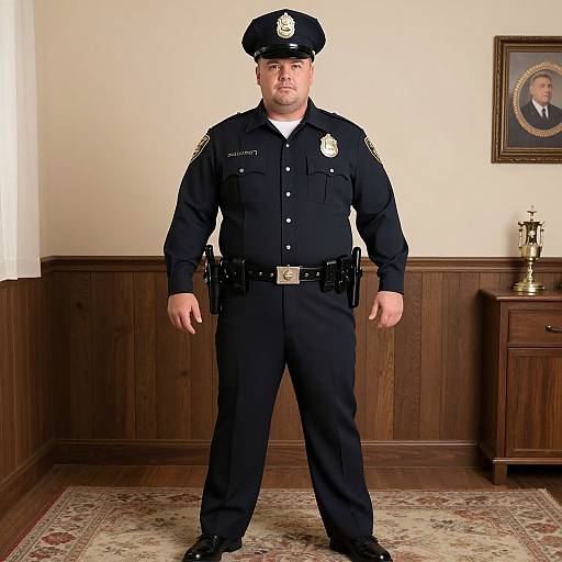 Photograph of a serious, middle-aged, white male police officer in dark uniform standing in a wood-paneled room with a framed picture and lamp on