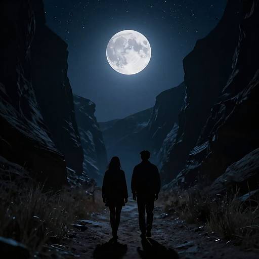 Silhouetted couple walking through a dark canyon under a bright, full moon in a starry night sky. Digital art.