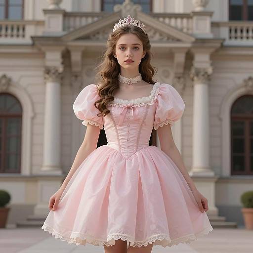 Young Woman in Pink Puffy Princess Dress