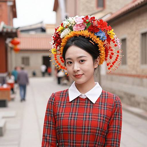 Woman in Red Plaid Dress with Floral Headpiece