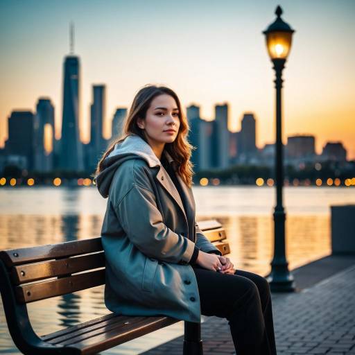 Young Woman Sitting on Bench at Sunset with City Skyline
