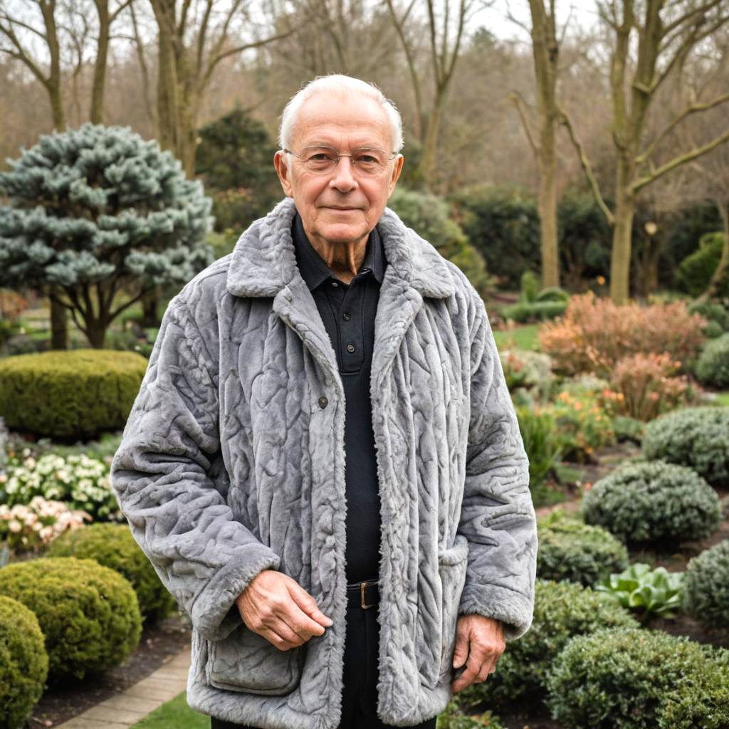 Elderly Man in Gray Fur Coat in Garden