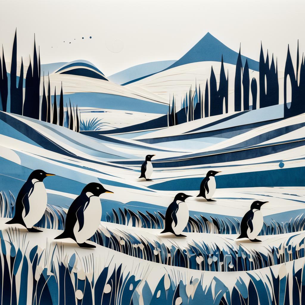 Penguin Colony in Abstract Meadow Art