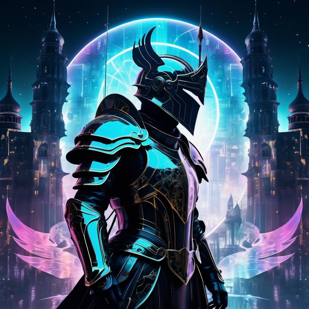 Celestial Knight in a Dystopian Cityscape