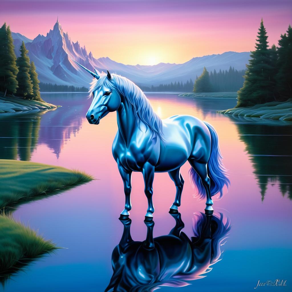 Twilight Unicorn by a Shimmering Lake