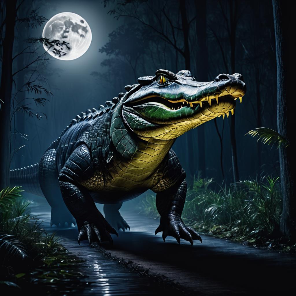 Eerie Alligator Stroll Under Full Moon