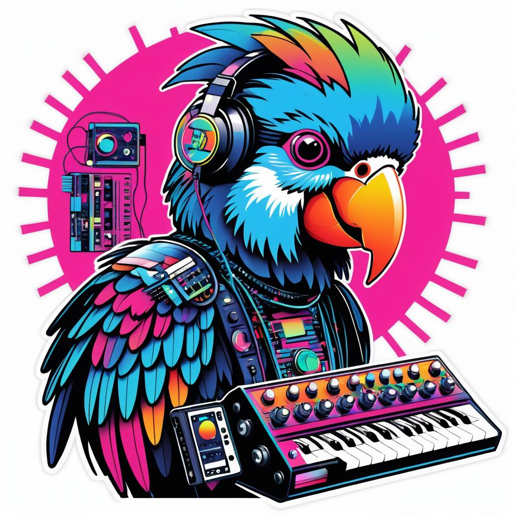 Cyborg Parrot in Retro Synthpop Style