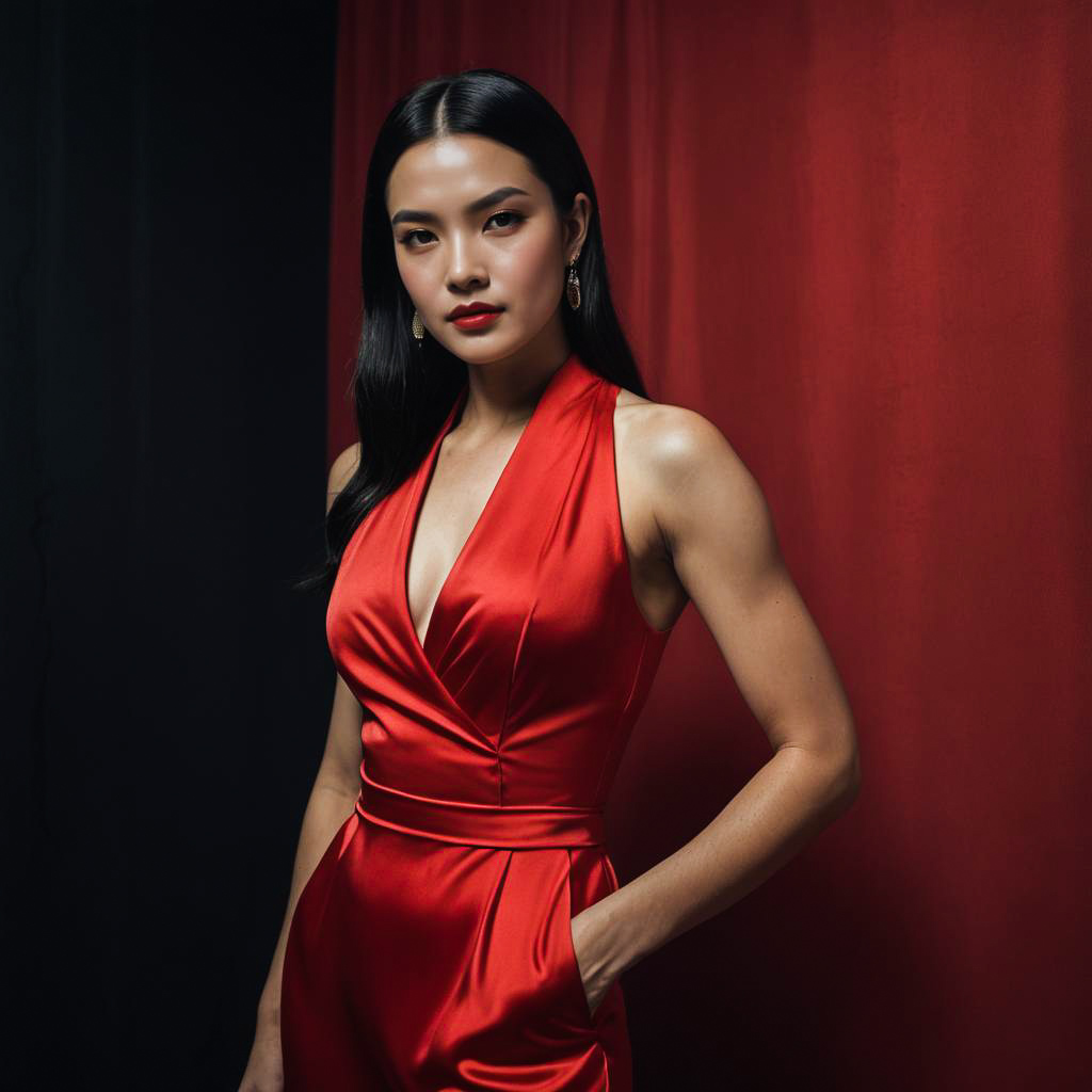 Confident Woman in Satin Red Dress