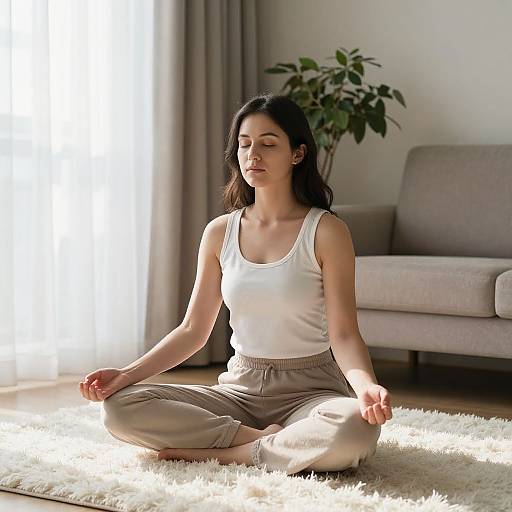 Photograph of a young woman with dark hair in a white tank top and beige pants, meditating in a cross-legged position on a white rug in
