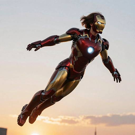 Photorealistic CGI of Iron Man in mid-air, wearing a red and gold armored suit, glowing blue chest light, against a sunset sky.