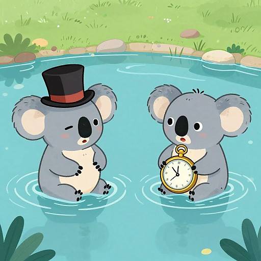 Cartoon koalas in a blue pond: one wears a black top hat, the other holds a pocket watch, surrounded by green grass and rocks