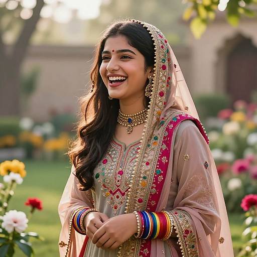 Photograph of a smiling Indian woman in traditional attire, wearing a beige and pink embroidered saree, gold jewelry, and colorful bangles, standing in