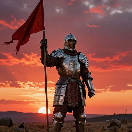 Medieval knight in shiny silver armor with red flag, standing at sunset, holding pole, against vibrant orange and red sky. Photographic image.