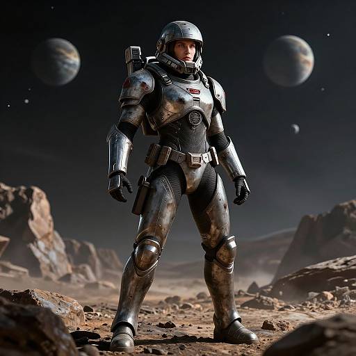 CGI image of a futuristic, silver-armored astronaut standing on a rocky, desert-like planet with three planets in the dark, starry sky.
