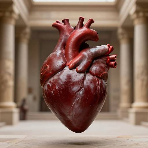 Photograph of a hyper-realistic, dark red, textured human heart sculpture floating in a grand, ancient, stone-columned hallway.