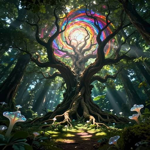 Digital fantasy artwork of a mystical forest with a glowing, multicolored vortex above a gnarled, ancient tree, surrounded by glowing mushrooms and sunlight