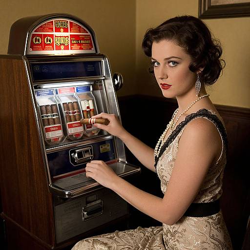 Vintage-style photograph of a fair-skinned woman with short, wavy brown hair, red lipstick, and pearl necklace, playing a classic slot machine in