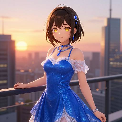 Anime Woman on Rooftop at Sunset