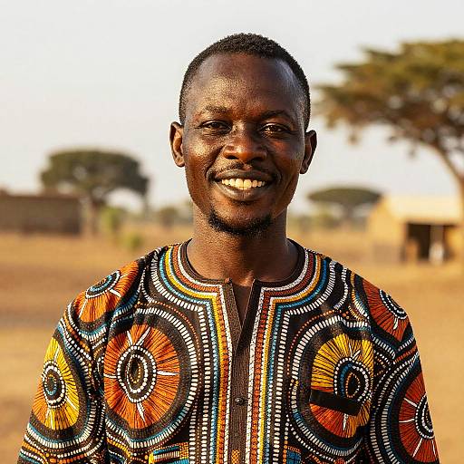 Photograph of a smiling, dark-skinned African man with short hair, wearing a vibrant, patterned traditional shirt, set against a blurred, sun