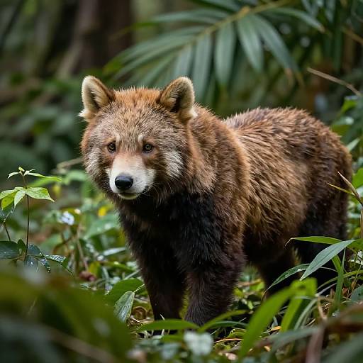 Photograph of a brown bear with thick, reddish-brown fur and white muzzle standing amidst dense, green foliage in a forest.