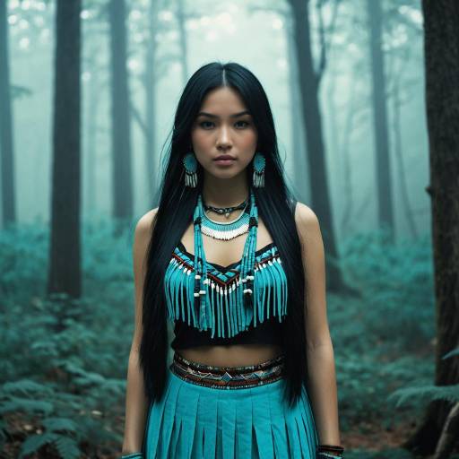 Young Native American Woman in Turquoise Jewelry in Misty Forest
