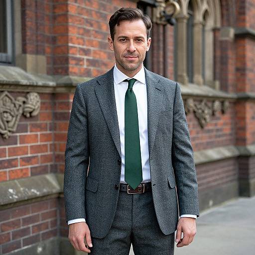 Photograph of a handsome man with short dark hair, wearing a gray suit, white shirt, and green tie, standing in front of a red brick