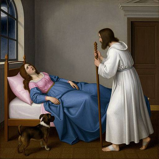 Digital art: Long-haired woman in blue and pink gown lies in bed, white-robed man with staff stands beside, black dog at foot.