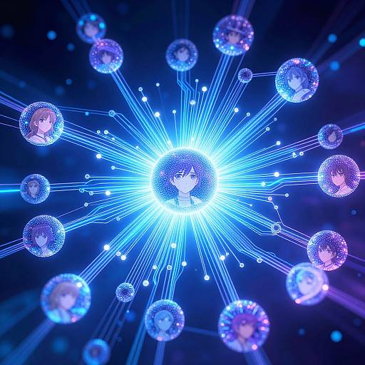 Digital artwork of a radiant blue light burst, surrounded by glowing, interconnected spherical nodes with purple and white highlights, set against a dark, cosmic background.