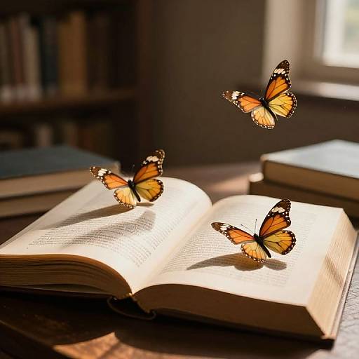 Butterflies Emerging from Books in Sunlit Library